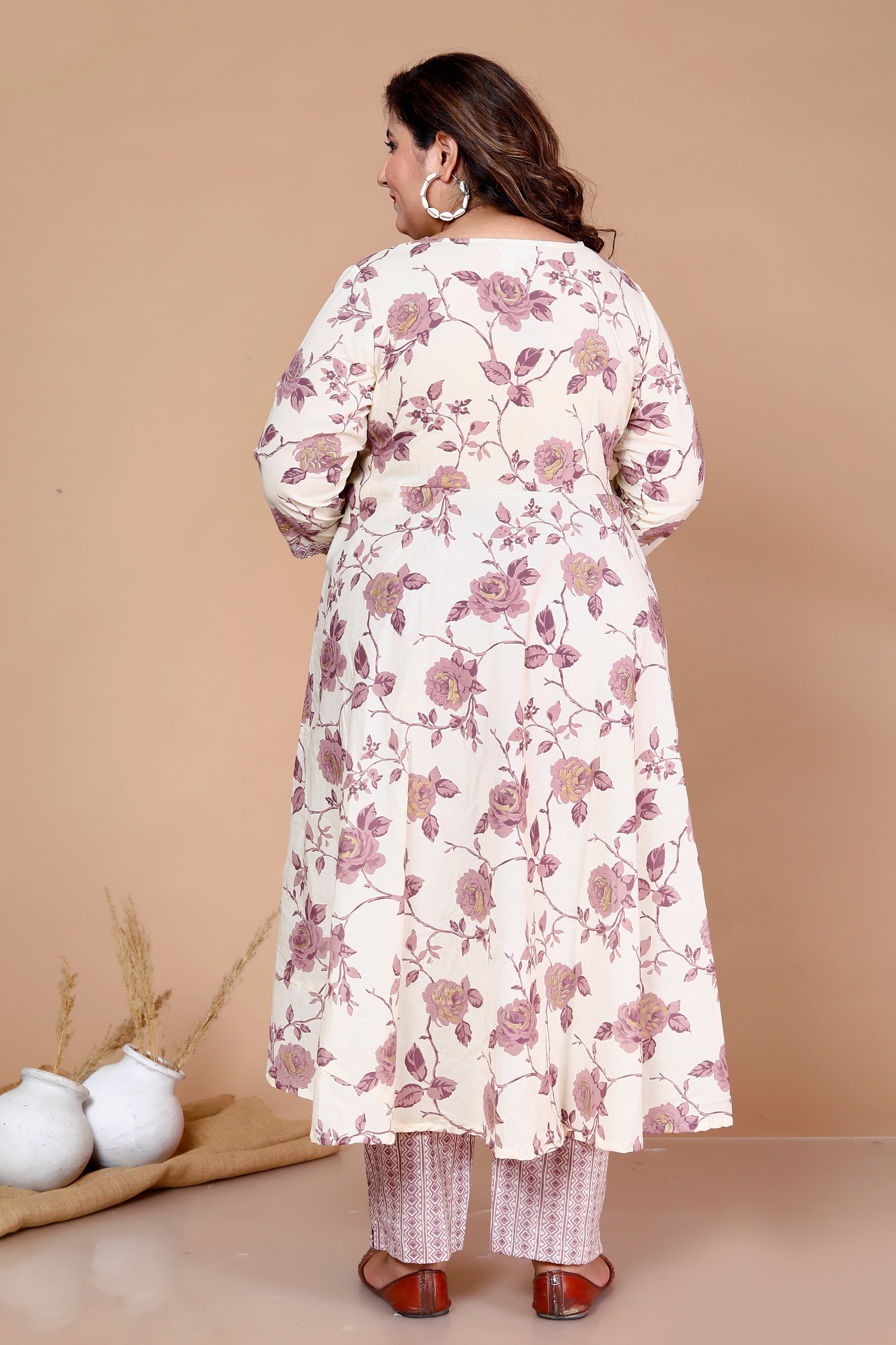 Pink Floral Printed Cotton Anarkali Kurta with Palazzo and Dupatta Set